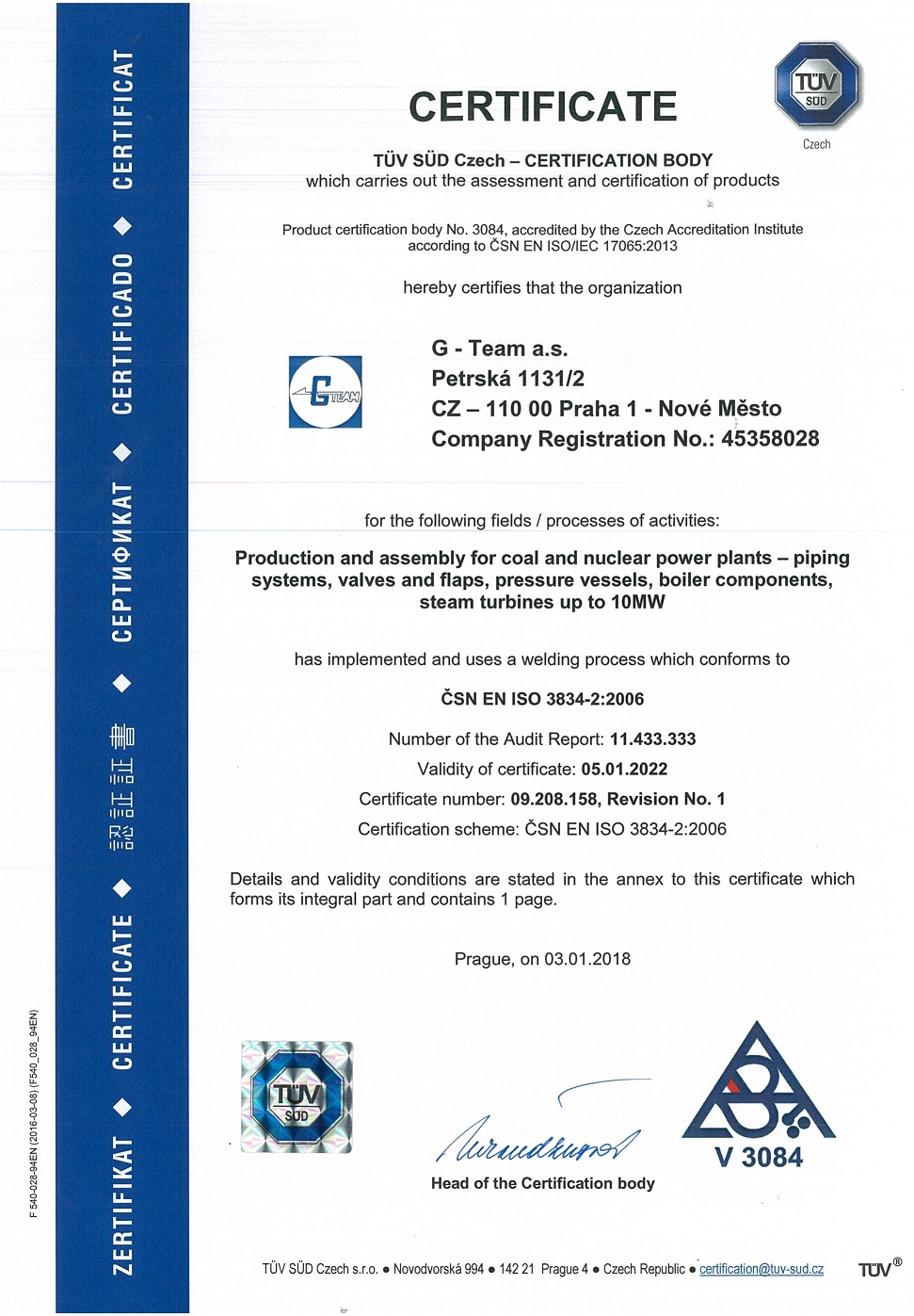 Certifikát ČSN EN ISO 3834